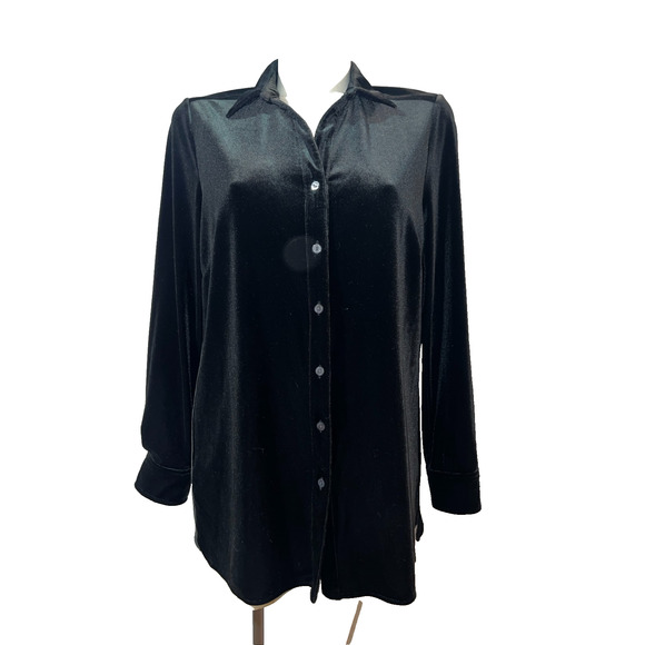 Foxcroft Top Size 10 Black Velvet Velour Relaxed Button Up Long Sleeve Shirt - Picture 1 of 8
